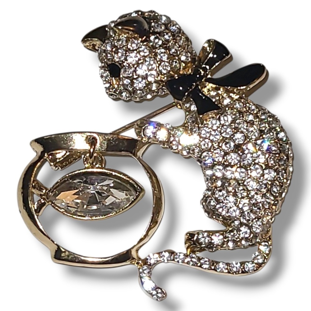 Pave Rhinestone‎ Cat and Fishbowl Brooch